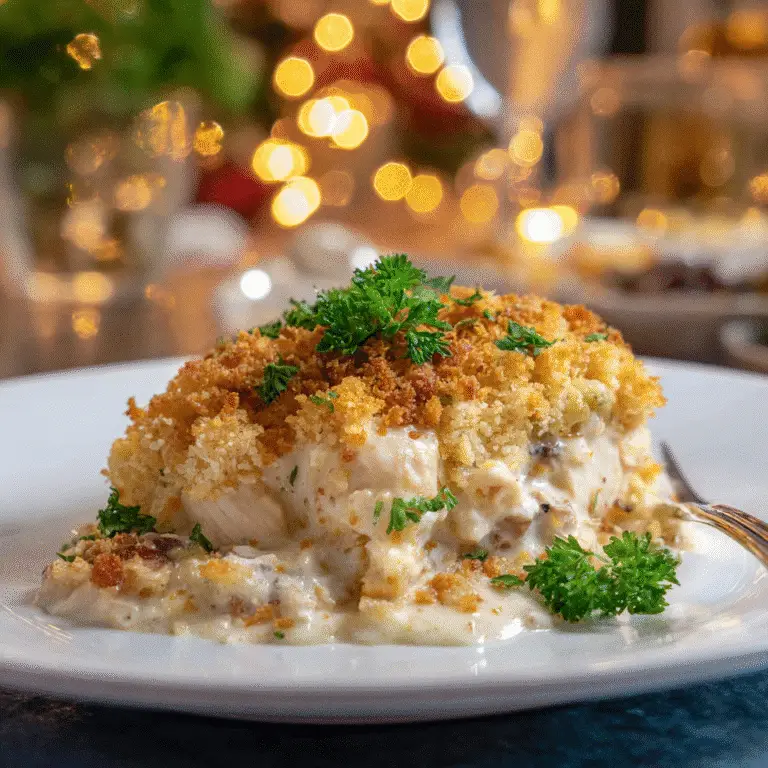 Serving Neiman Marcus Chicken Casserole with a golden Ritz cracker topping, garnished with parsley.