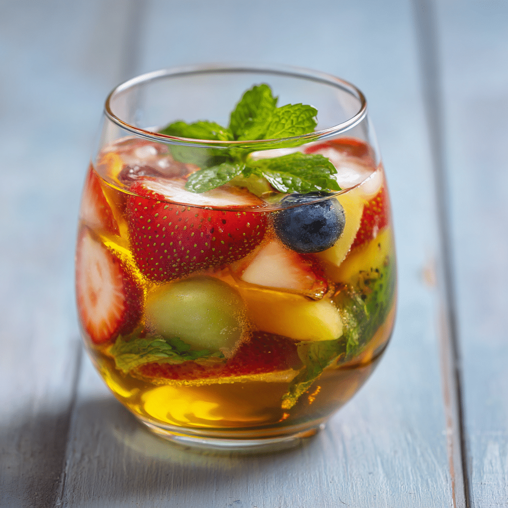 Served Loaded Tea with fruit and mint garnish