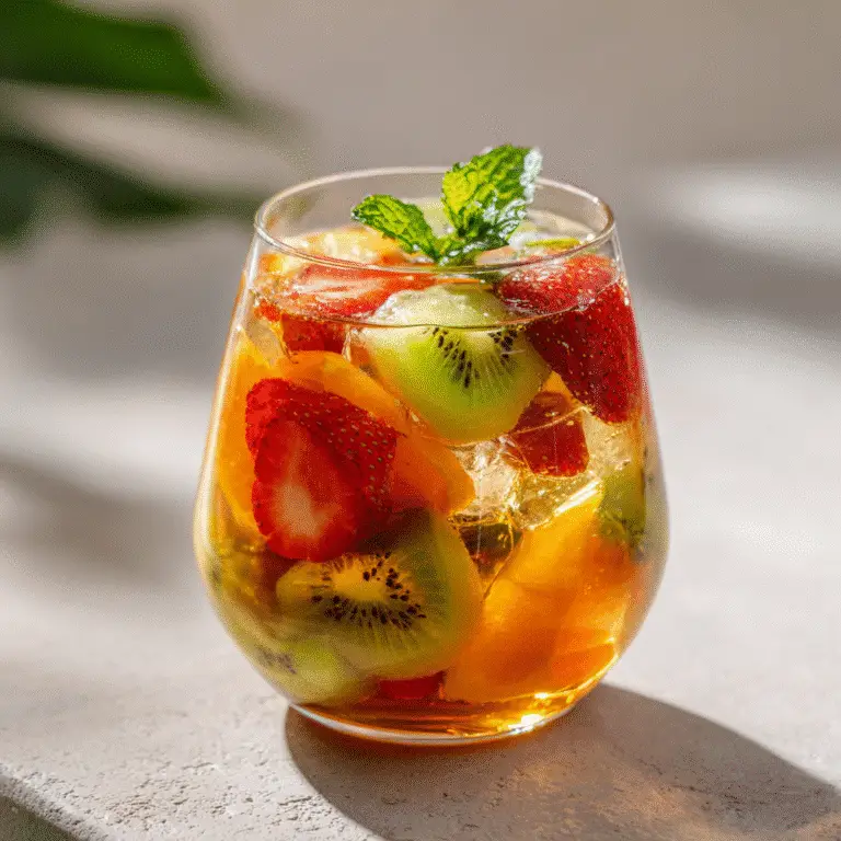 Served Loaded Tea with fruit and mint garnish