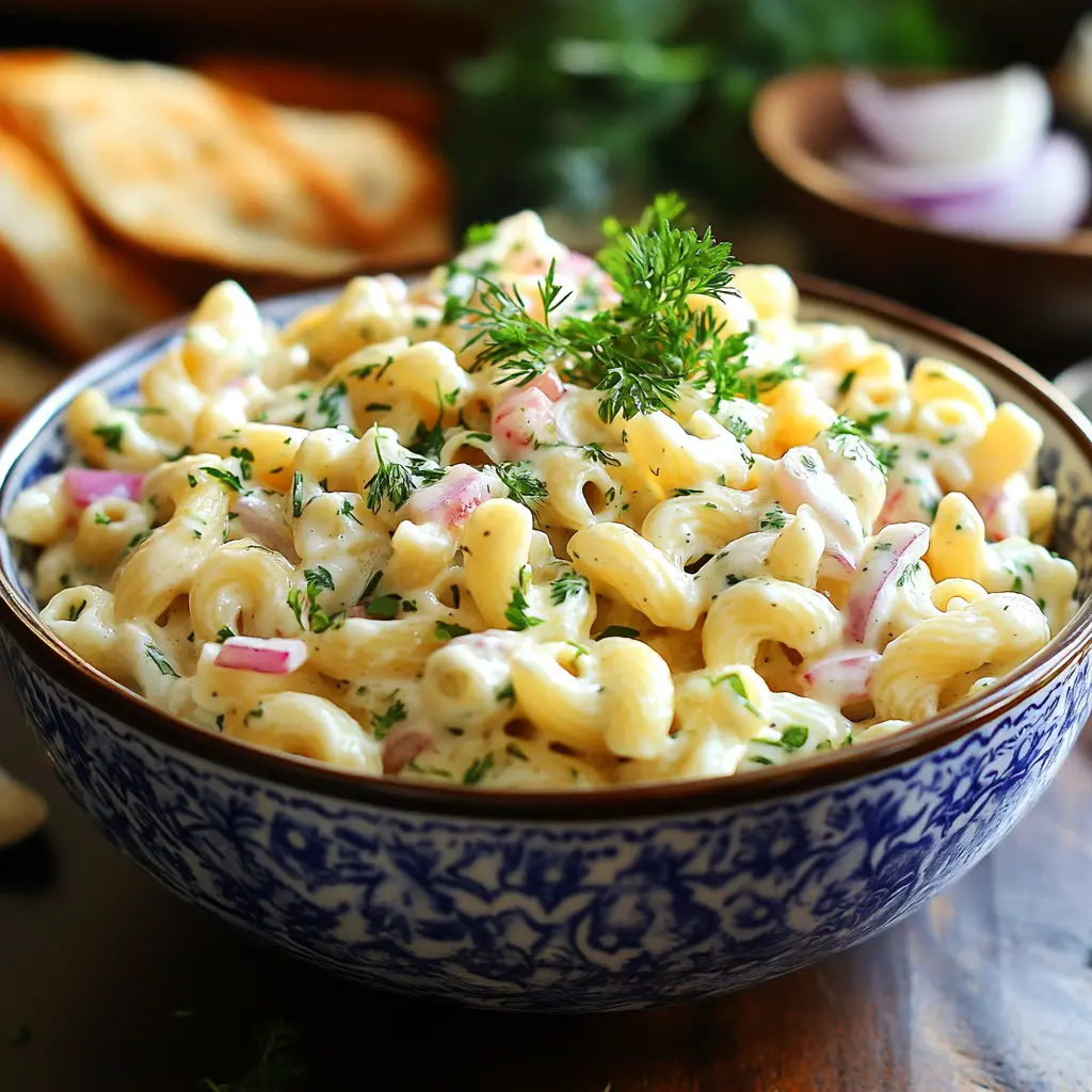 Served creamy pasta salad in a bowl, garnished with fresh herbs.