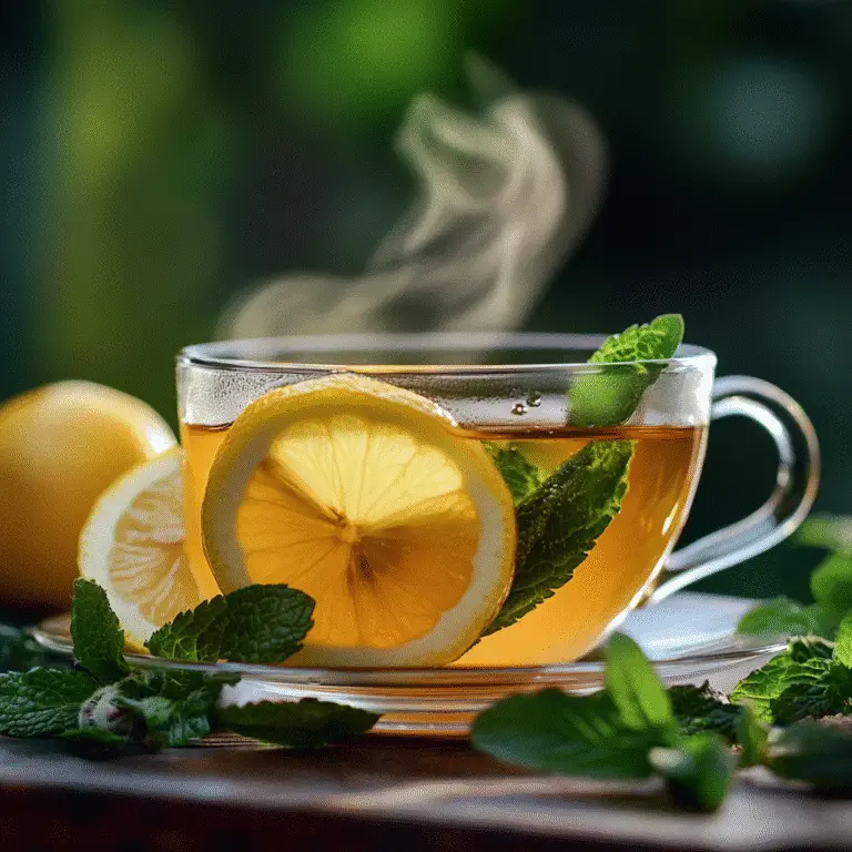 Lemon balm tea served with lemon slices and mint leaves