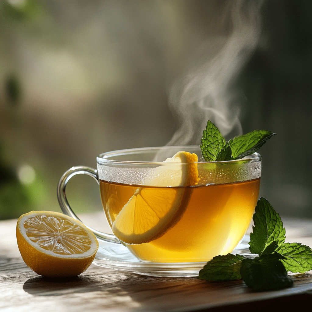 Lemon balm tea served with lemon slices and mint leaves