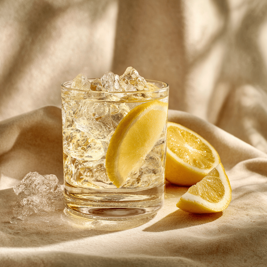 Served Suero drink with ice and lemon garnish