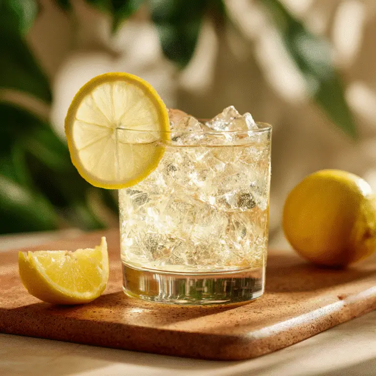 Served Suero drink with ice and lemon garnish