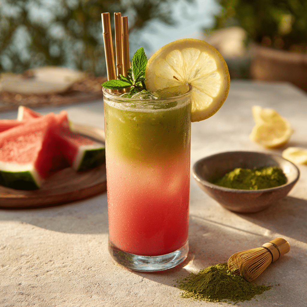 Served Watermelon Matcha Lemonade in a glass with lemon slice, mint, and a bamboo straw