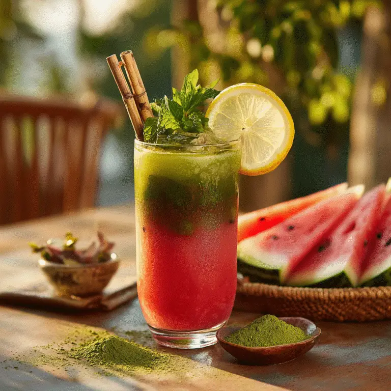 Served Watermelon Matcha Lemonade in a glass with lemon slice, mint, and a bamboo straw