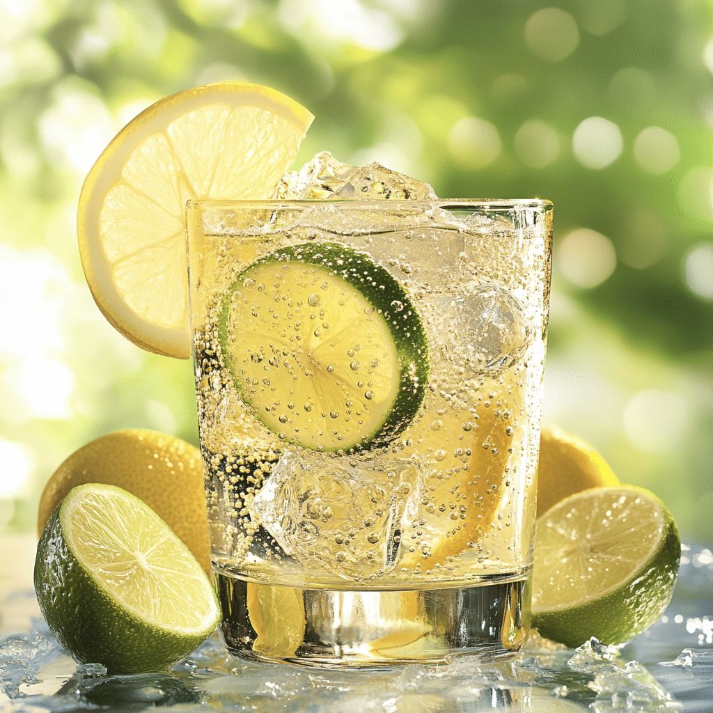 Refreshing lemon-lime soda with bubbles and garnished with citrus slices.
