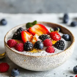 Chia seed pudding topped with fresh berries and honey for a healthy breakfast.