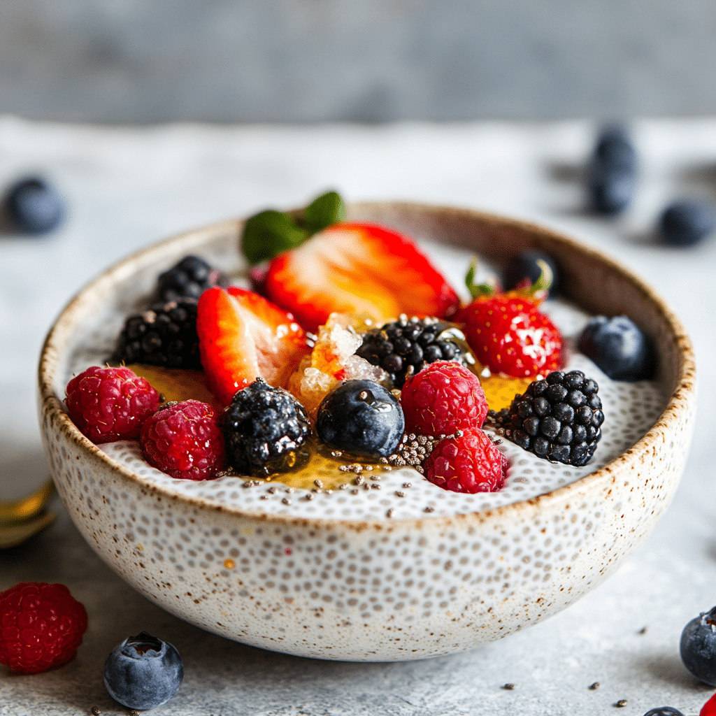 Chia seed pudding topped with fresh berries and honey for a healthy breakfast.