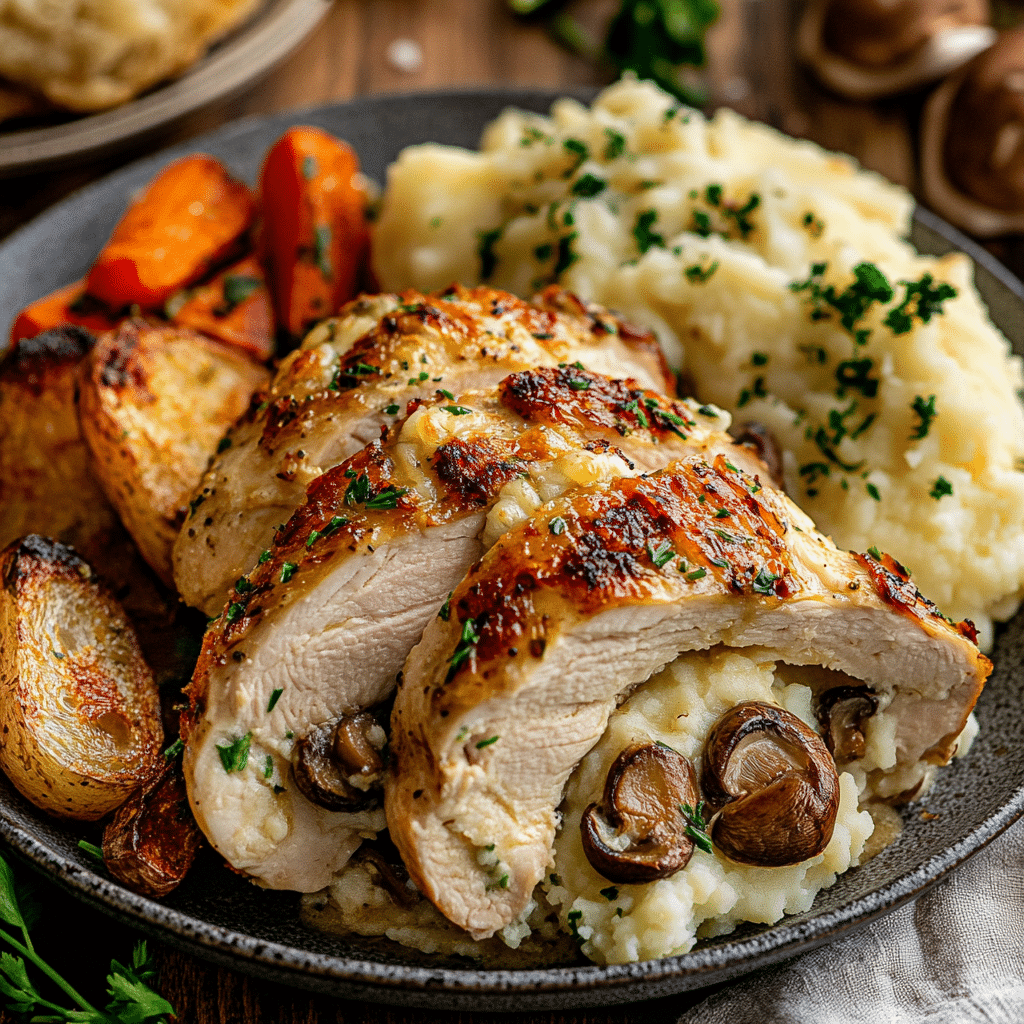 Served Cheesy Garlic Butter Mushroom Stuffed Chicken with mashed potatoes and roasted vegetables