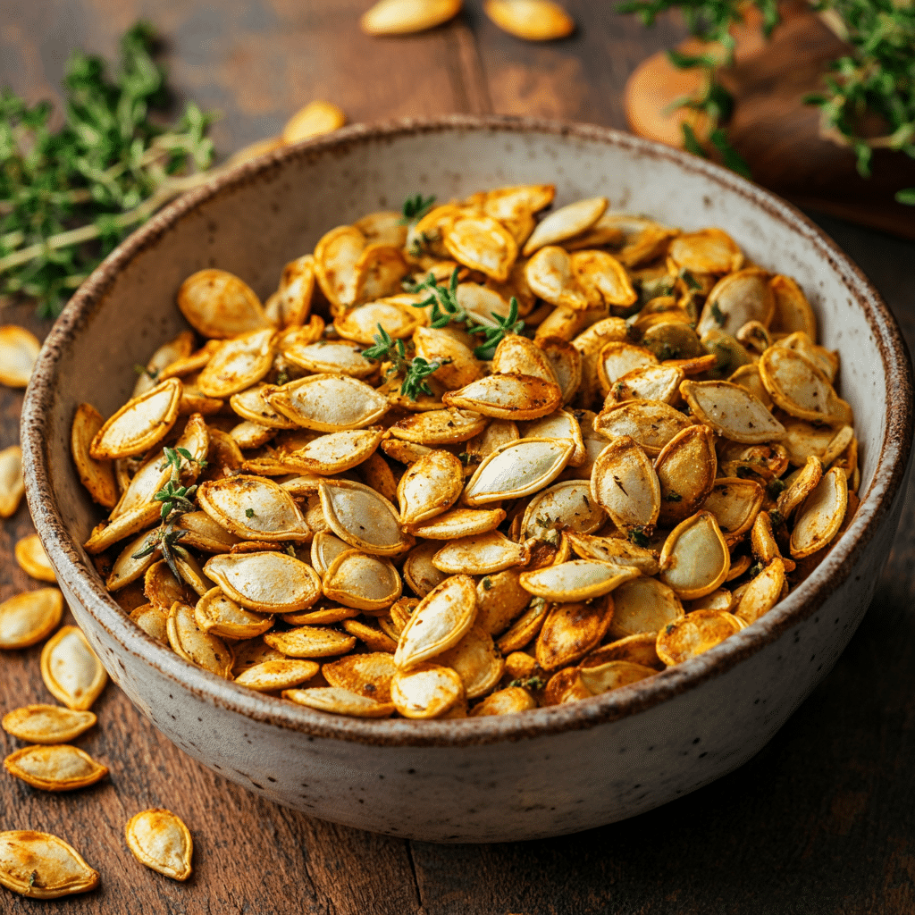 Roasted pumpkin seeds served in a bowl as a crunchy, healthy snack.