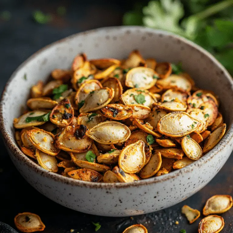 Roasted pumpkin seeds served in a bowl as a crunchy, healthy snack.