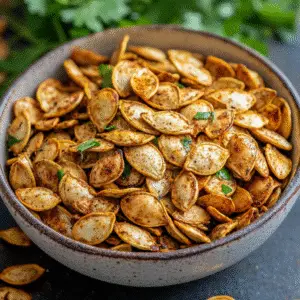 Golden roasted pumpkin seeds with a crispy texture on a baking sheet.