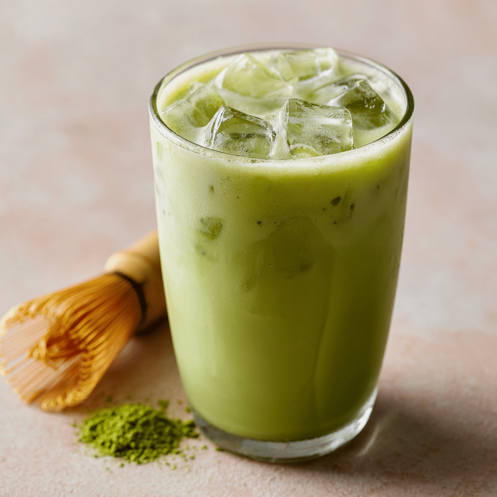 Low Calorie Iced Matcha Latte served with ice cubes and a matcha whisk beside it