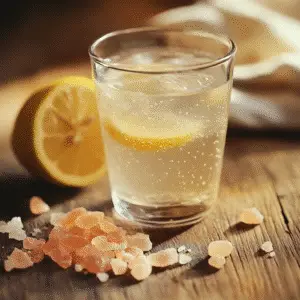Pink Salt Diet Trick for Health - Glass with pink Himalayan salt, lemon juice, apple cider vinegar, and warm water.