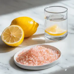 Ingredients for Pink Salt Weight Loss Recipe – Pink Himalayan salt, lemon, and water.