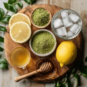 Ingredients for Matcha Lemonade: matcha powder, lemon juice, honey, water, and ice cubes.