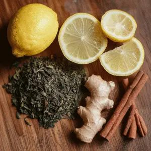 Ingredients for natural Mounjaro tea: green tea, cinnamon sticks, ginger, and lemon.