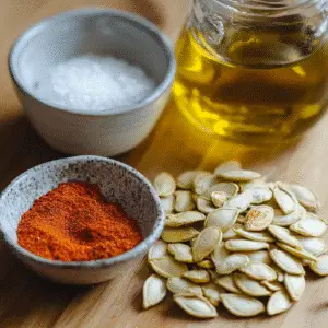 Ingredients for pumpkin seed recipe: raw pumpkin seeds, olive oil, garlic powder, paprika, and salt.