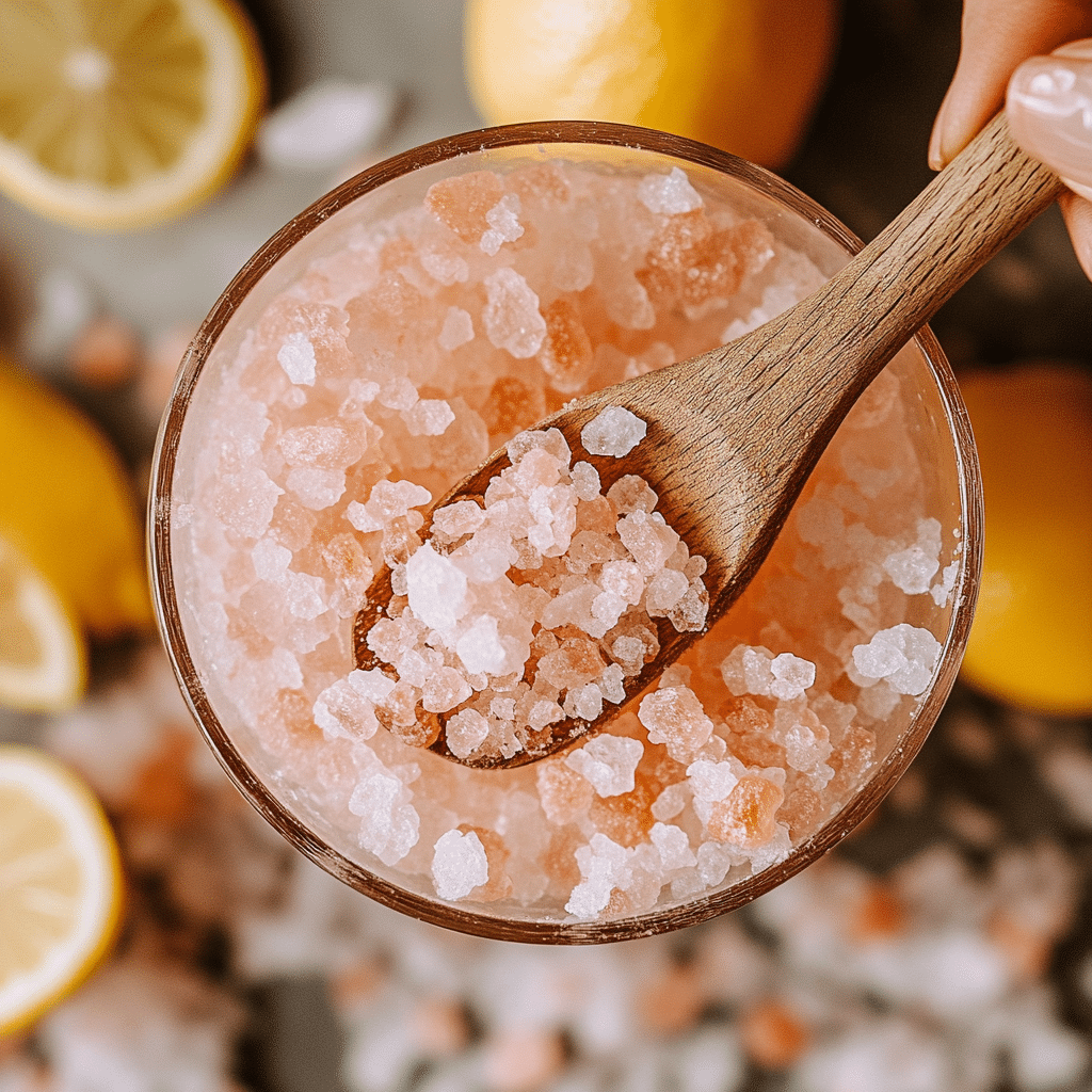 Stirring pink salt water with lemon slices for weight loss.