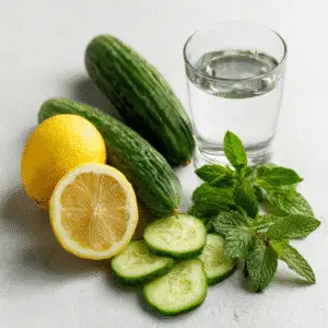 Fresh cucumber, lemon slices, and mint leaves for cucumber drink