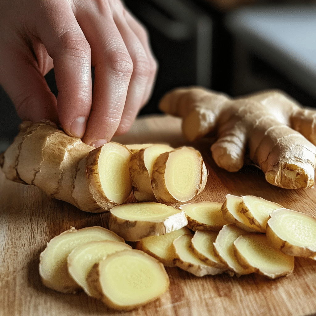 Fresh ginger slices on a cutting board