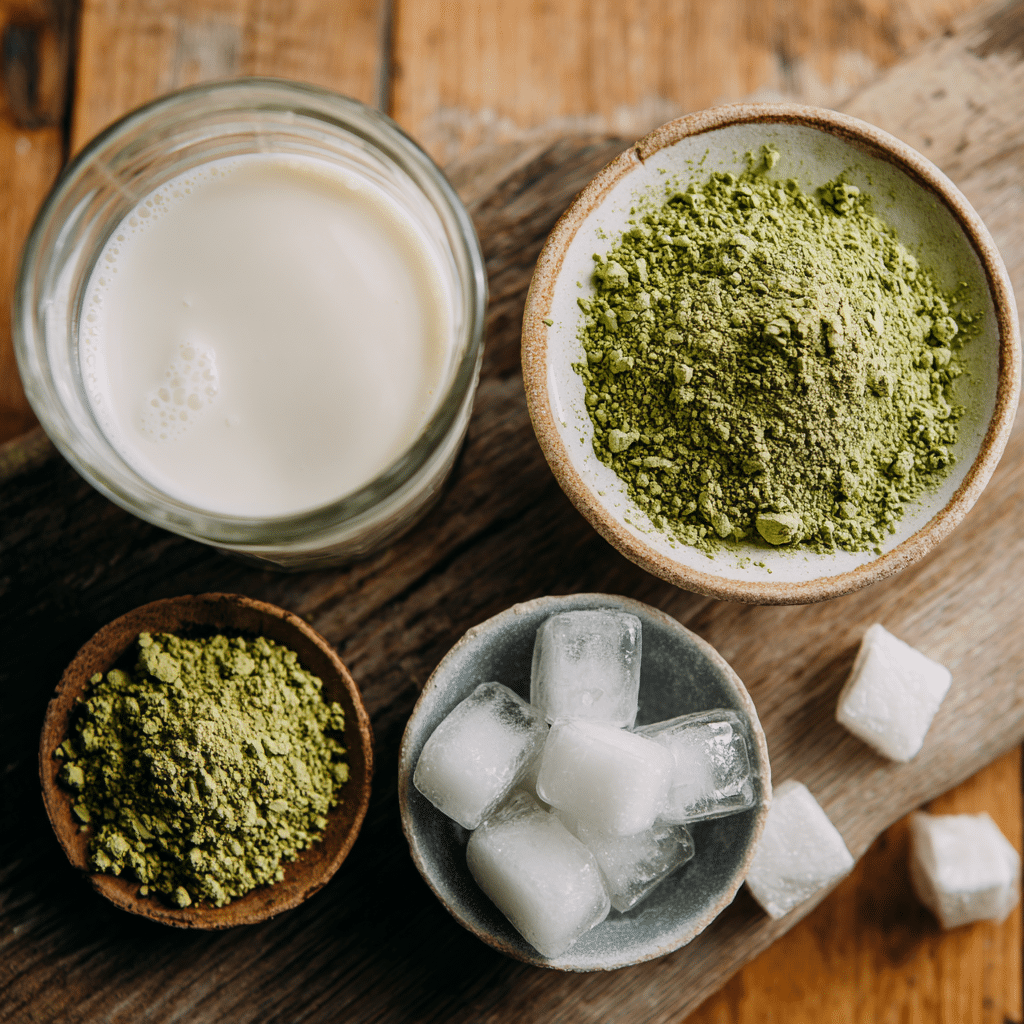 Ingredients for Low Calorie Iced Matcha Latte, including matcha powder, almond milk, and stevia