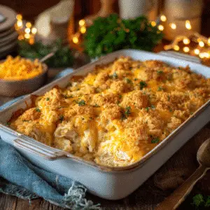 Neiman Marcus Chicken Casserole with a golden Ritz cracker topping, served fresh from the oven.