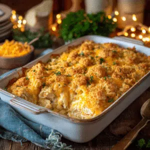 Neiman Marcus Chicken Casserole with a golden Ritz cracker topping, served fresh from the oven.