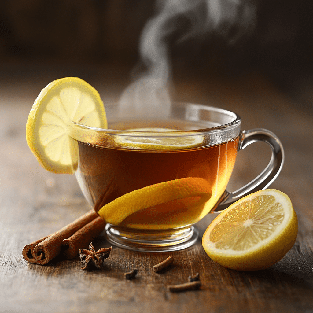 A cup of natural Mounjaro tea served with lemon slices and cinnamon sticks.