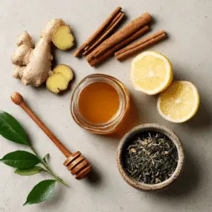 Ingredients for apanese Mounjaro drink: ginger, green tea, lemon, cinnamon, and honey