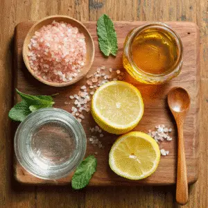 Ingredients for Viral Pink Salt Drink: pink salt, lemon, honey, and warm water.