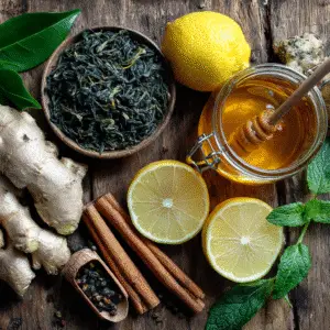 Ingredients for Bariatric Tea: green tea, ginger, lemon, and honey.