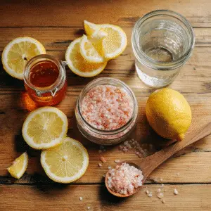 Ingredients for Japanese Pink Salt Trick: pink Himalayan salt, lemon, honey, and filtered water.