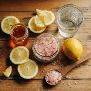 Ingredients for Japanese Pink Salt Trick: pink Himalayan salt, lemon, honey, and filtered water.