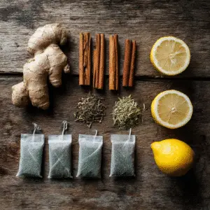 Ingredients for Japanese Mounjaro: ginger, cinnamon, green tea, and lemon.