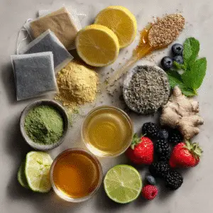 Ingredients for making Loaded Tea – green tea, fruit, supplements, and honey