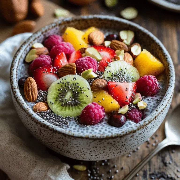 Chia seed pudding topped with fruit and nuts, served in a rustic bowl.