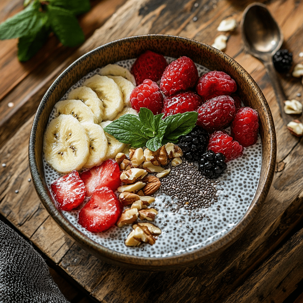 Chia seed pudding topped with fruit and nuts, served in a rustic bowl.