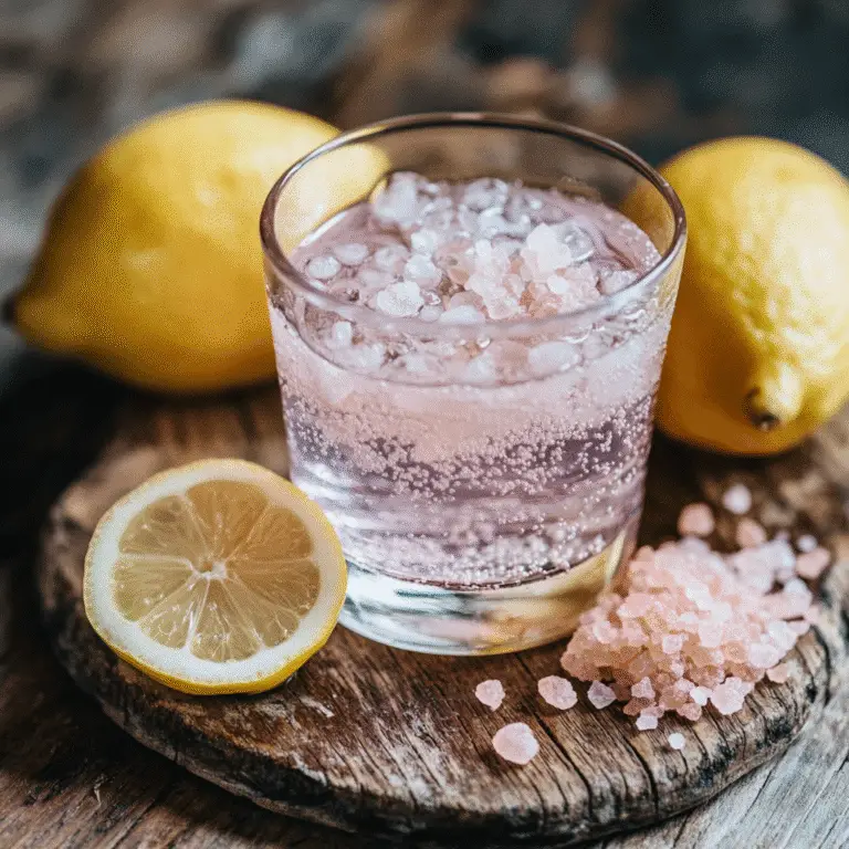 Serving pink salt water with a slice of lemon for weight loss.