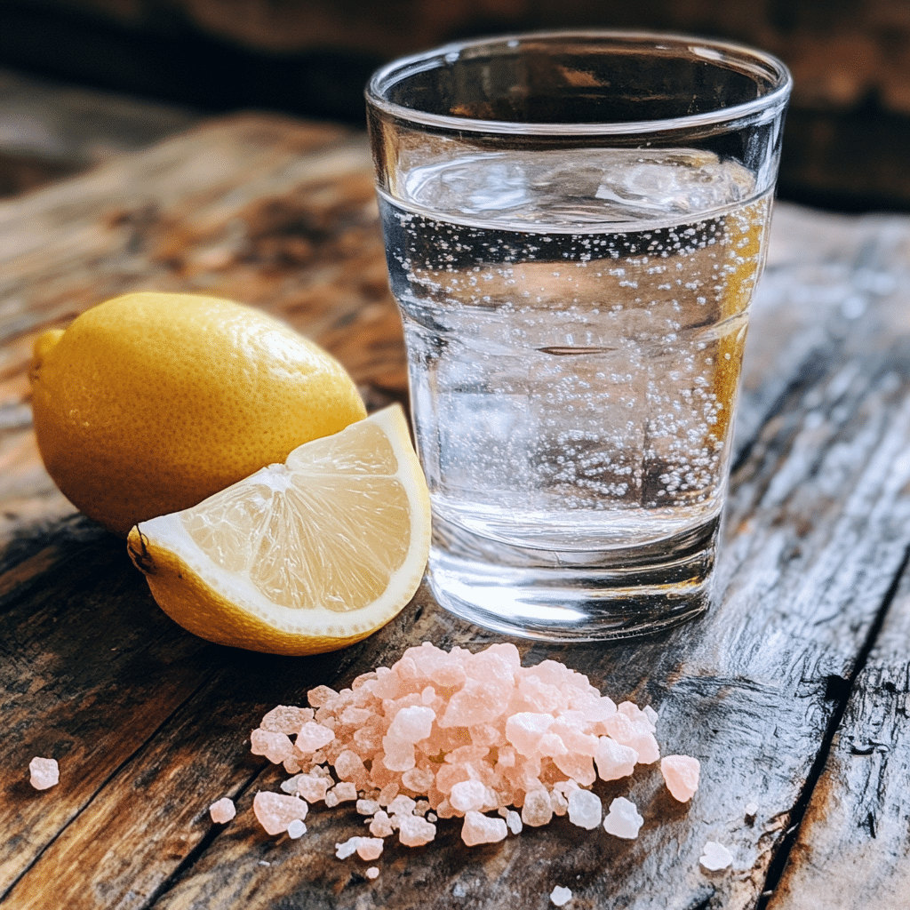 Serving pink salt water with a slice of lemon for weight loss.
