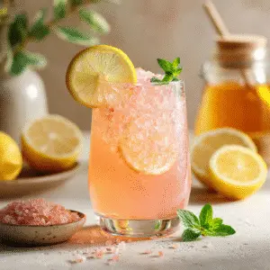 Viral Pink Salt Drink in a glass with lemon slice, mint, and pink salt garnish.