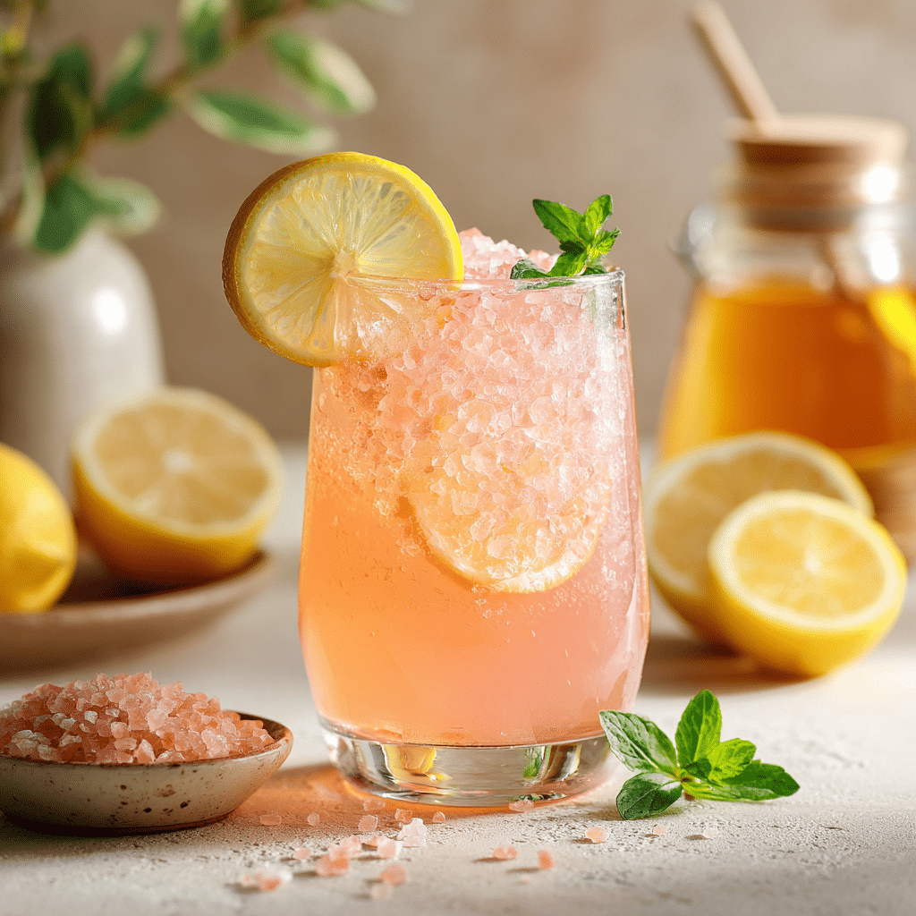 Viral Pink Salt Drink in a glass with lemon slice, mint, and pink salt garnish.