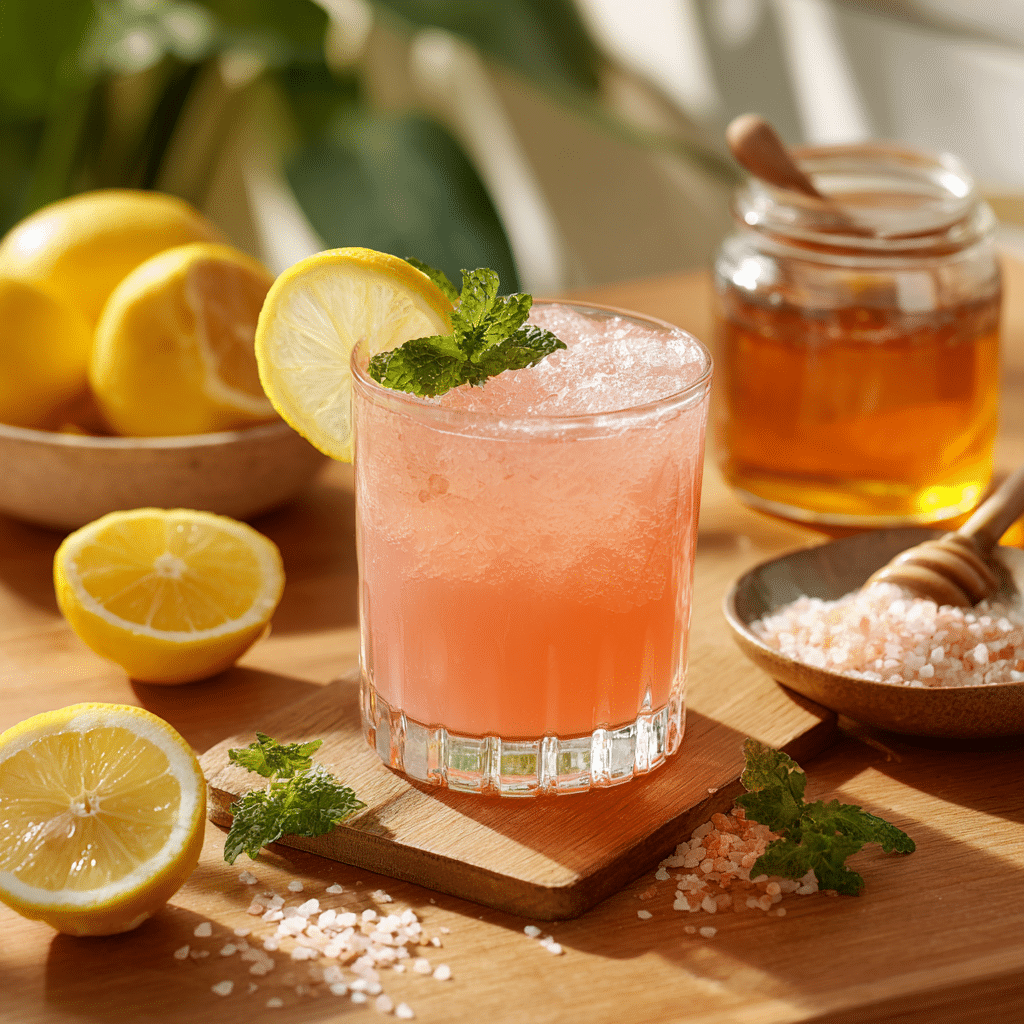 Serving the Viral Pink Salt Drink in a glass with lemon, mint, and a pinch of pink salt.
