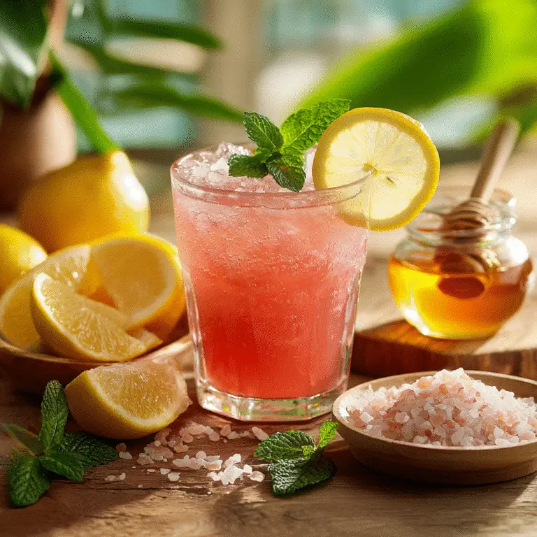 Serving the Viral Pink Salt Drink in a glass with lemon, mint, and a pinch of pink salt.