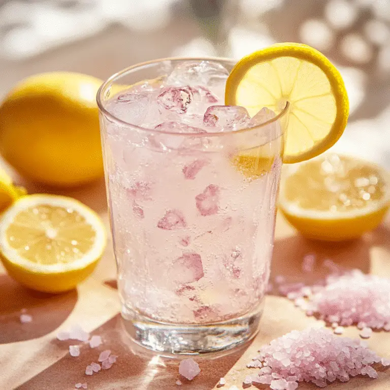 Pink Himalayan salt trick served in a glass with lemon and salt.