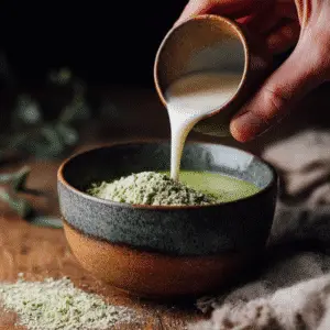 Adding stevia and unsweetened almond milk to matcha mixture.
