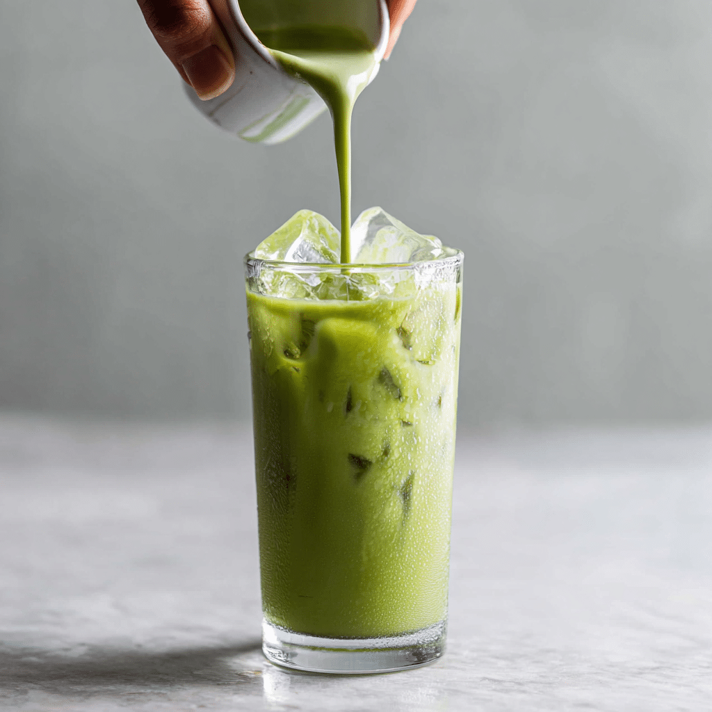 Pouring the iced matcha latte into a glass filled with ice cubes