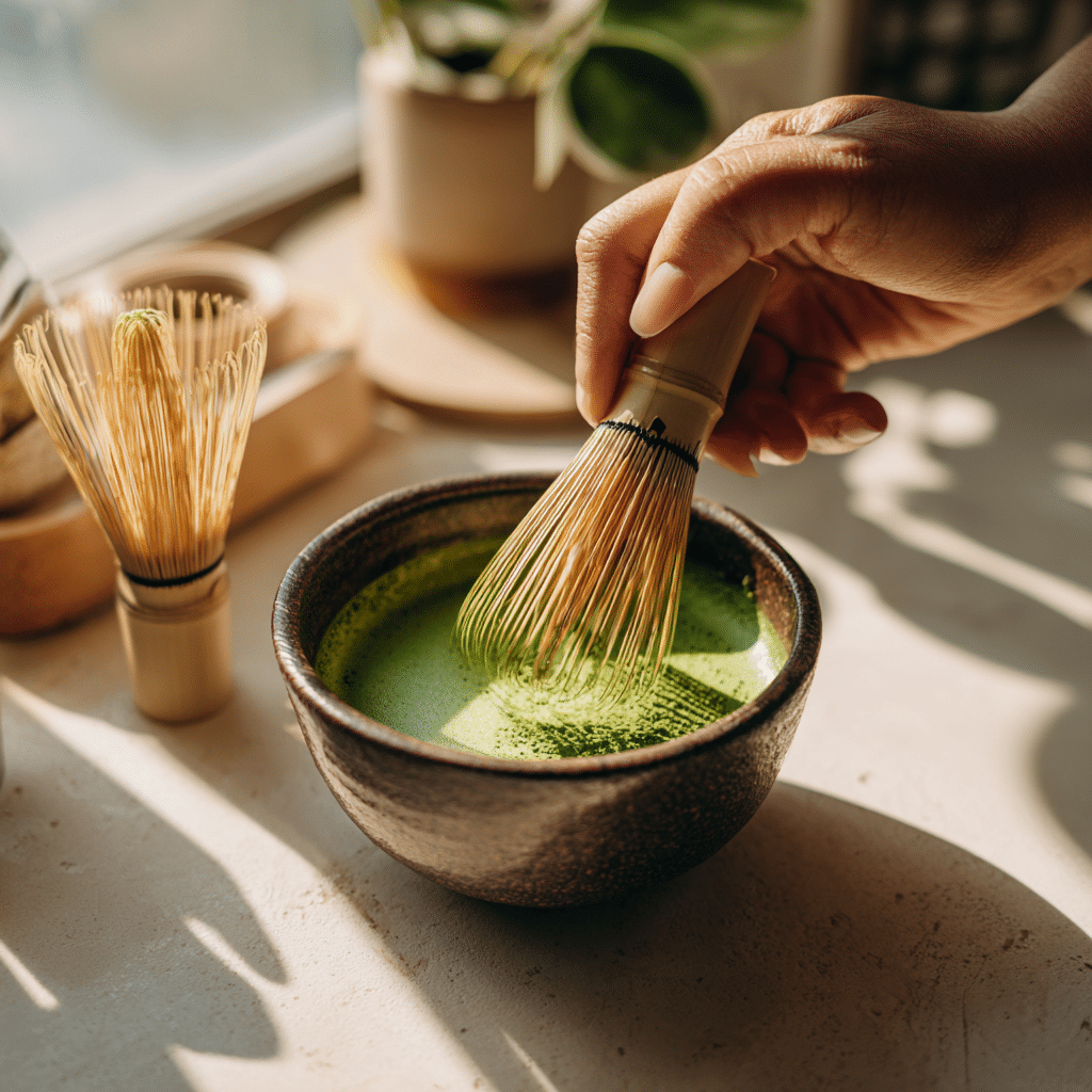 Whisking matcha powder with hot water in a small bowl.