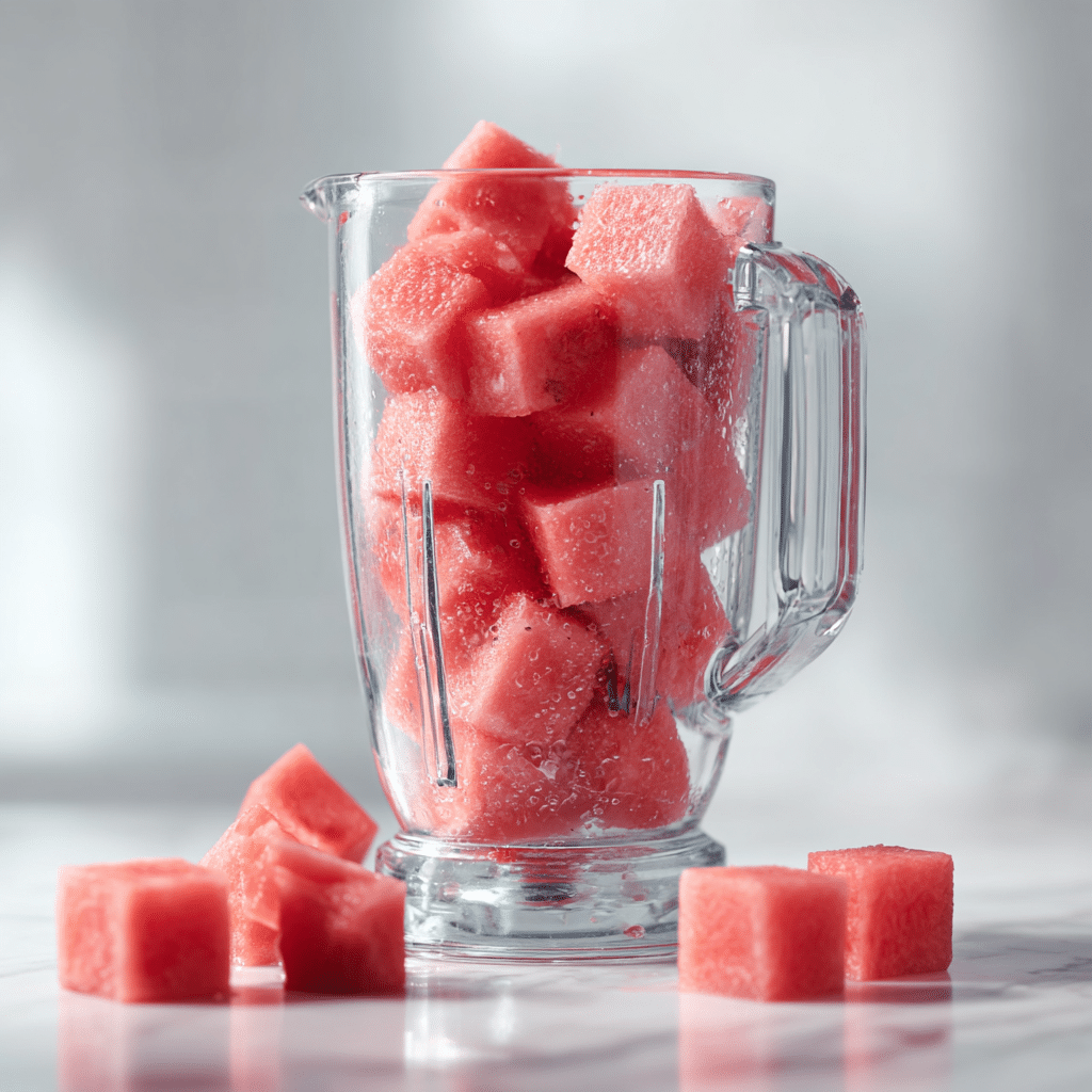 Blending fresh watermelon cubes to make watermelon puree for the lemonade